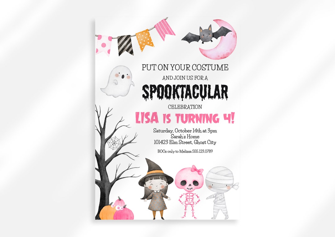 Editable Pink Halloween Birthday Party Invitation for Girl Pink