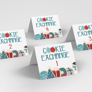 May include: Four white, folded cards with the text "COOKIE EXCHANGE" in teal and a number from 1 to 4. Each card has a border of Christmas-themed cookie illustrations, including ornaments, trees, and snowmen.