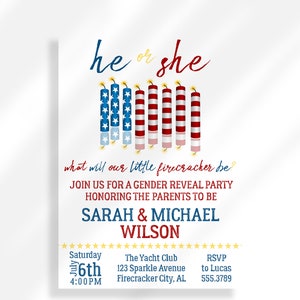 Our Little Firecracker Gender Reveal Party Invites, He Or She What Will It Be Gender Reveal Invitation Download, 4th Of July Gender Reveal