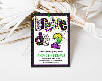 Mardi Gras Birthday Invitation, Krewe de Two Second Birthday Invite Editable, Birthday Party Invite Printable Fat Twosday Invitation Kids
