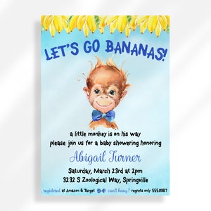 Editable Lets Go Bananas Baby Shower Invitación Niño Descarga Digital Instantánea / Jungle Monkey Baby Shower Plantilla de Invitación Imprimible