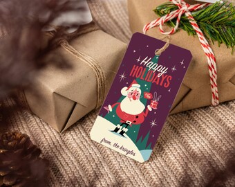 May include: A purple gift tag with a cartoon Santa Claus holding a gift. The tag says "Happy Holidays" and "from, the kringles".