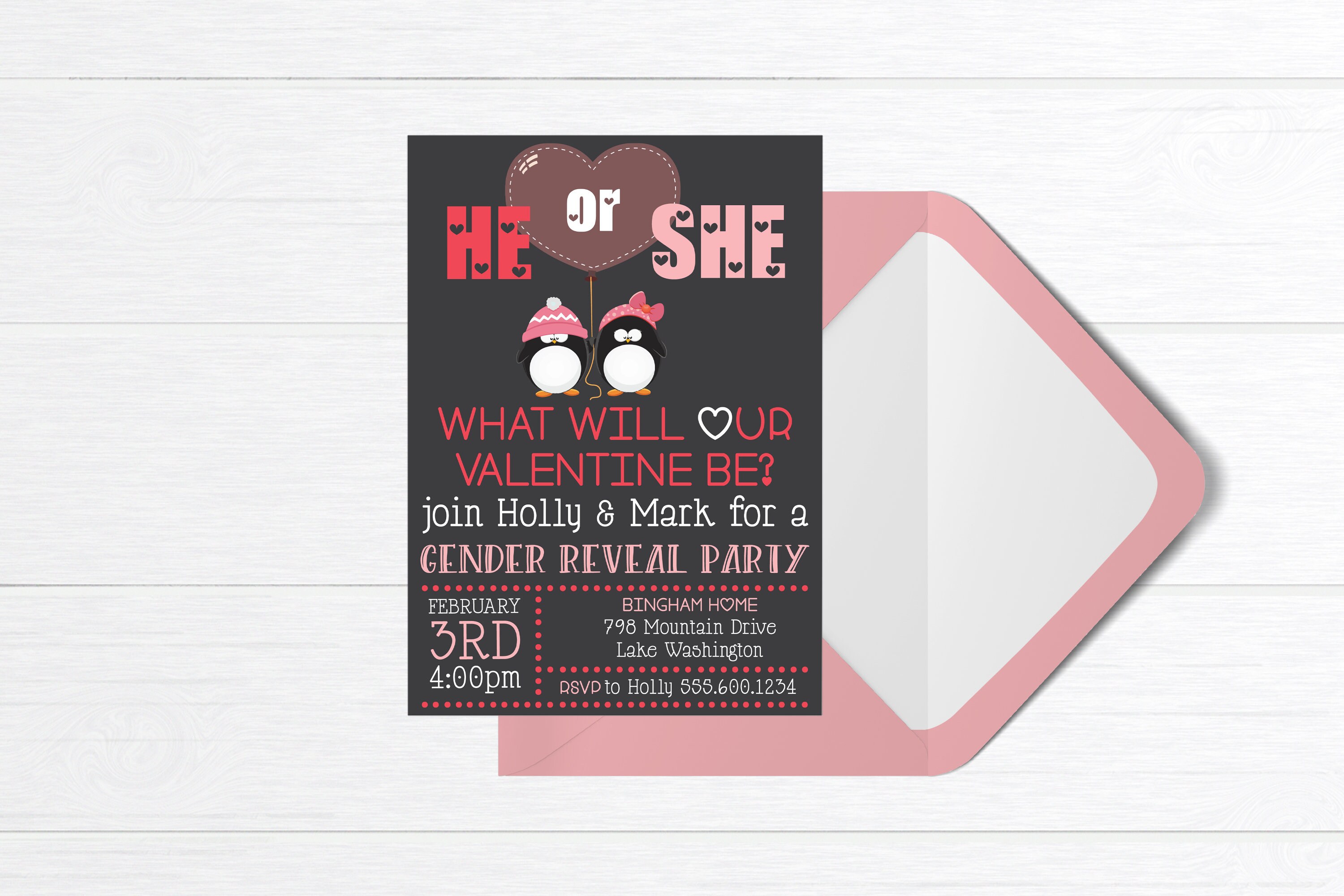 Editable Valentine Gender Reveal Printable Invitation Template He or