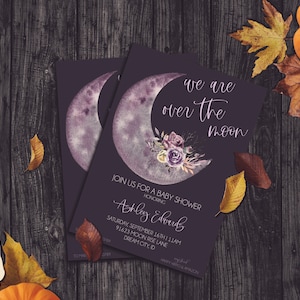 Editable Purple Over The Moon Halloween Baby Shower Invitation For Girl | Gothic Baby Shower Invite | Halloween Invite | Floral Invitation