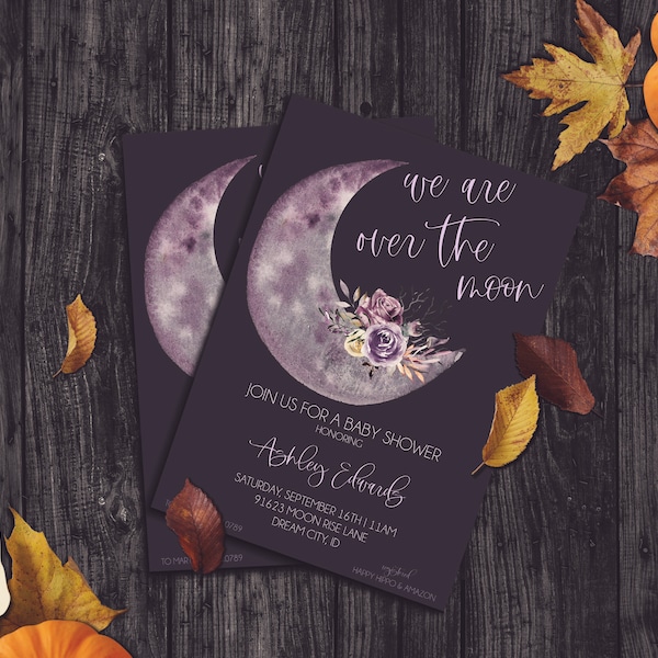 Editable Purple Over The Moon Halloween Baby Shower Invitation For Girl | Gothic Baby Shower Invite | Halloween Invite | Floral Invitation