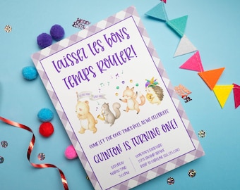May include: Purple and white gingham patterned invitation with the text "laisser les bons temps rouler!" and "Quintion is turning one!"  The invitation features a watercolor illustration of woodland animals playing music.