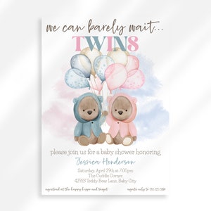 Editable Twin Boy And Girl Baby Shower Invitations | Pink Blue Baby Shower Invite | Teddy Bear Theme Baby Shower | Bear Twin Babies Shower