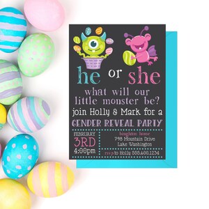 Editable He or She Gender Reveal Invitation for Instant Digital Download | Printable Invitation Template | Little Monster Gender Reveal
