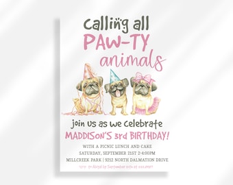 Editable Pug Birthday Party Invitation for Girl | Lets Pawty Kids Birthday Party | Children Birthday Any Age | Puppy Birthday Invite