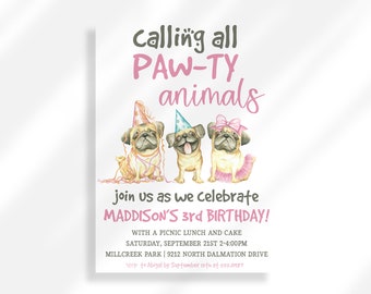 Editable Pug Birthday Party Invitation for Girl | Lets Pawty Kids Birthday Party | Children Birthday Any Age | Puppy Birthday Invite