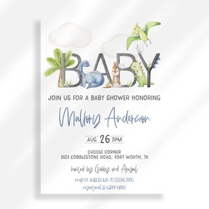 Editable Dinosaur Baby Shower Invitation Digital Download | Dinosaur Theme Baby Shower Shower | T-Rex Dinosaur Party Invitation | Blue Dino