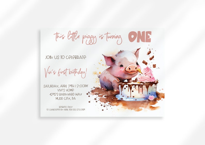Editable Pig Birthday Invitation First Birthday Invitation Girl Farm