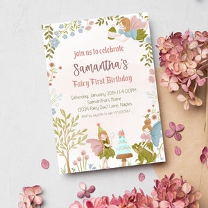 Primeiro convite de aniversário de fada editável para meninas | Cartão feericamente do convite | Convite Enchanted da floresta | Festa de fadas do jardim feminino para impressão