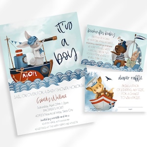 Bewerkbare nautische baby shower uitnodiging luier loterij tickets en boek aanvraagkaart | Babyshowerbundel | Konijntjesbabyshower Ahoy Het is een jongen