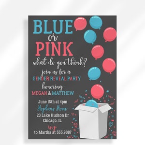 Editable Blue or Pink What Do You Think Gender Reveal Invitation | Balloon Gender Reveal Printable Invitation Template | He Or She Reveal