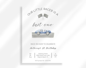 Our Little Racer Is A Fast One First Birthday Invitation Boy Editable, Race Car 1st Birthday Invites Boy, Racing Birthday Party Invites