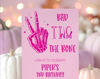 Bad Two The Bone Invitation 2nd Birthday Girl Birthday Party Invite Girl Digital, Pink Halloween Birthday Invitation Template Skeleton Two