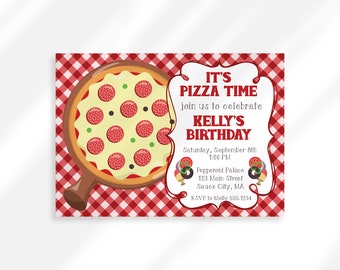 May include: A red and white checkered background with a pizza illustration. The text reads "It's Pizza Time" and "Join us to celebrate Kelly's Birthday". The invitation includes the date, time, location, and RSVP information.
