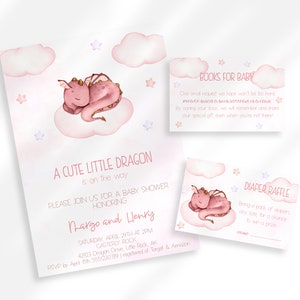 Bearbeitbare Pink Dragon Baby Shower Einladung | Rosa Baby Shower Bundle Kit für Mädchen | Bearbeitbare Windel Tombola Tickets und Buchanfragekarte