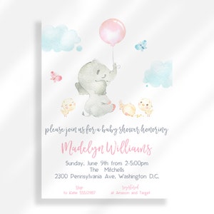 Editable Baby Elephant Baby Shower Invitation Girl | Printable Invitation | Pink Baby Shower Invite | Pink Balloon Baby Shower Invitation