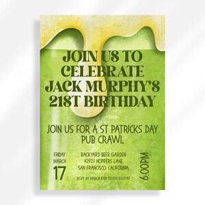 Editable 21st Birthday Invitation Template | Green Beer Invite Pub Crawl Invitation | Beer Birthday Invitation | St. Patrick's Day Birthday