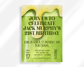 Editable 21st Birthday Invitation Template | Green Beer Invite Pub Crawl Invitation | Beer Birthday Invitation | St. Patrick's Day Birthday