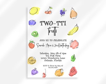 May include: A colourful invitation with a fruit theme for a child's second birthday party. The invitation says "TWO-TTI frulli" and includes the text "Join us to celebrate Sarah Ann's 2nd birthday". The invitation also includes the date, time, location, and RSVP information.