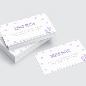 May include: Purple and white diaper raffle cards with a star pattern and the text "Diaper Raffle" and "Bring a pack of diapers, any size, for a chance to win a prize".