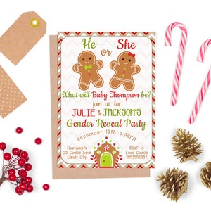 Editable Gingerbread Christmas Gender Reveal Invitation | He or She Printable Invitation Template | Oh Snap Christmas Baby Announcement