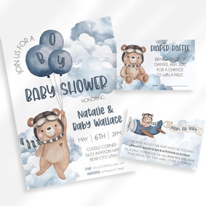 Ensemble de douche de bébé ours modifiable Garçon | Invitation, billets de tombola de couches, carte de demande de livre, jeux de fête prénatale | Baby Shower sur le thème des ours en peluche