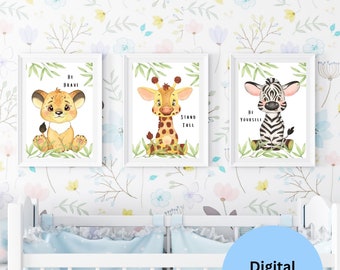 Ensemble de 3 affiches de pépinière bébé imprimés animaux, décor de pépinière Safari, cadeau de naissance, décor de chambre d'enfant, pépinière Boho, Art mural trois pièces