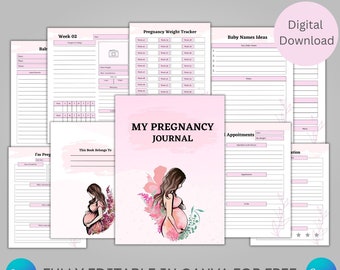 Boho Printable Pregnancy Planner Journal de grossesse, Modèle de plan de naissance imprimable, Liste de contrôle des sacs d'hôpital, Livre de souvenirs pour bébé, Journal de grossesse