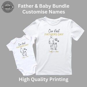 Personalised T Shirt Our First Fathers Day Baby Outfit with Hand Matching T-Shirt Set Perfect Custom Fathers Day Gift for Daddy and Baby