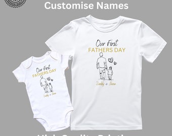 Personalised T Shirt Our First Fathers Day Baby Outfit with Hand Matching T-Shirt Set Perfect Custom Fathers Day Gift for Daddy and Baby