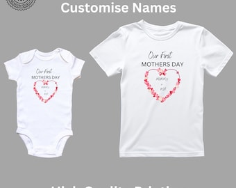 Gepersonaliseerde T-shirt onze eerste moederdag baby-outfit met hart bijpassende T-shirt set perfecte aangepaste Moederdag cadeau voor mama en baby