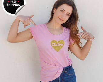 Personalised Gold Glitter Heart Pink T-Shirt, Valentine's Day Gift