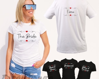 Gepersonaliseerde T-shirts vrijgezellenfeest: bruid en teambruid, biologisch katoen