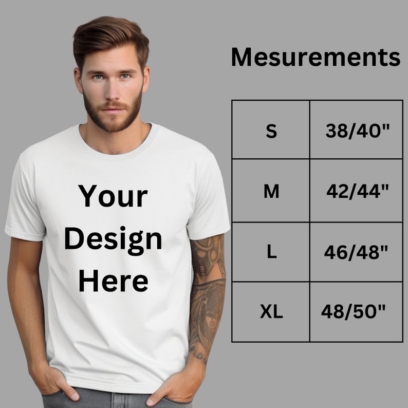 May include: White t-shirt with the text "Your Design Here" printed on the front. Size chart with measurements in inches.
