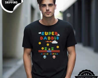 T-shirt papa Super Mummio, T-shirt noir assorti super familial, Chemise maman avec noms d'enfants, Chemise nouveau papa, T-shirt unisexe à manches courtes