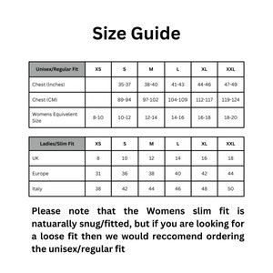 May include: Size guide chart for unisex and women's clothing. The chart shows sizes in XS, S, M, L, XL, and XXL. Measurements are provided in inches and centimeters for chest size and in UK, European, and Italian sizes for women's clothing.