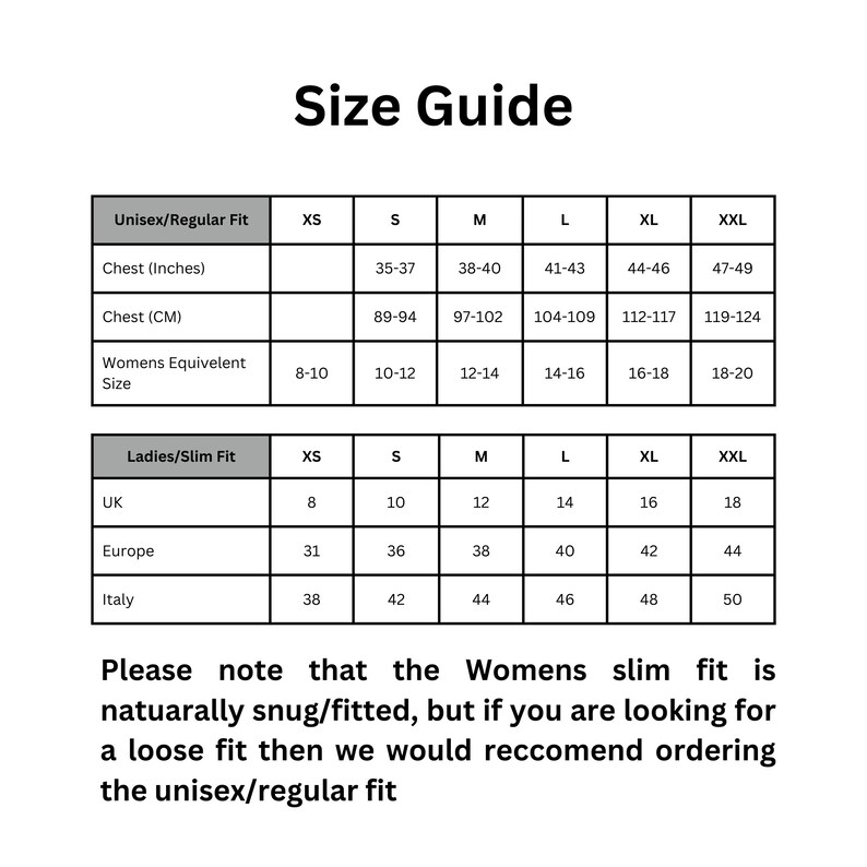 May include: Size guide chart for unisex and women's clothing. The chart shows sizes in XS, S, M, L, XL, and XXL. Measurements are provided in inches and centimeters for chest size and in UK, European, and Italian sizes for women's clothing.