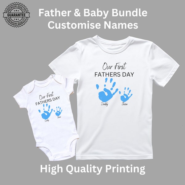 Personalised T Shirt Our First Fathers Day Baby Outfit with Hand  Matching T-Shirt Set Perfect Custom Fathers Day Gift for Daddy and Baby