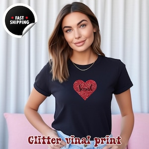 Personalised Red Glitter Heart T Shirt, Custom Name Valentine&#39;s Shirt, Valentine&#39;s Outfit with Love Heart Shirt, Women Valentines Day Shirt