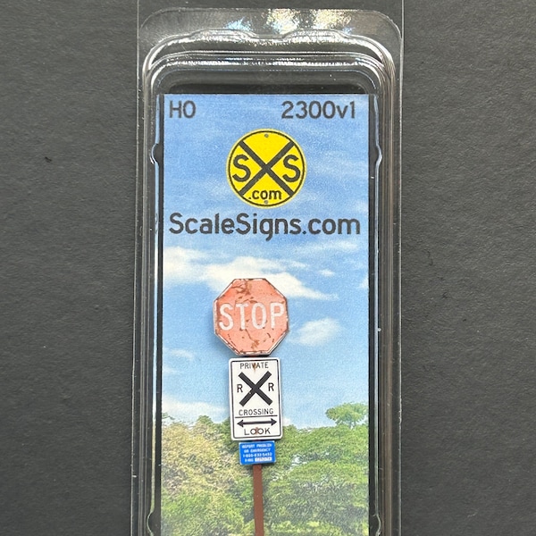 1:87 HO Scale Street Sign "Red "STOP" sign + "Private Railroad Crossing" sign + Blue "Emergency number crossing ID"