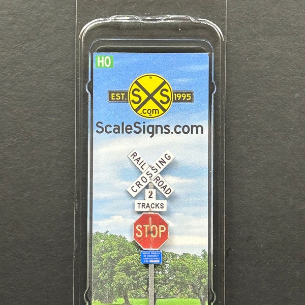 HO-2400-v2 / 1:87 HO Scale Street Sign Railroad Crossbuck + 2 Tracks + Red Stop Sign + Blue Emergency number crossing ID