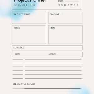 以下が含まれることがあります： プロジェクト情報を記入する欄、アイデア、スケジュール、戦略と予算のセクションがあるプロジェクトプランナーのテンプレート。テンプレートには、プロジェクト名、締め切り、日付、活動、曜日が記載されたカレンダーの欄が含まれています。