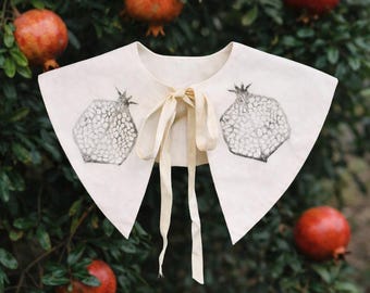 Handmade Detachable Collar with Pomegranate Print – Soft Folk Statement Collar with Ribbon Tie