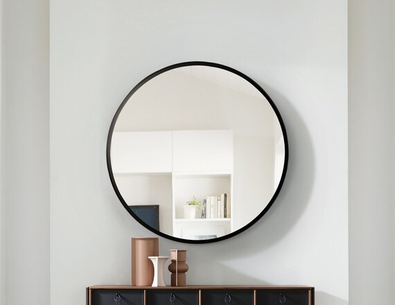 24 Inch Round Mirror for Wall Mirror for Bathroom Black Circle Wood Mirror  Wall Decor Large Modern Mirror Mirrors for Vanity 