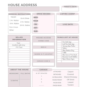 Könnte beinhalten: Eine druckbare Hausadressen-Checkliste mit Abschnitten für Besichtigungsanweisungen, offene Besichtigungen, Verkäuferinformationen, Hauszugang, in der Wohnung zurückgelassene Gegenstände, Informationen zum Haus und Garage. Die Checkliste enthält Felder zum Eingeben von Informationen wie leer, Besichtigung, Kombinationscode, IBOX-Nummer, Schlafzimmer, Badezimmer, halbe Badezimmer, Anzahl der Garagenplätze, angebaut, freistehend, Nebengebäude, nach vorne ausgerichtet, nach der Seite ausgerichtet, nach hinten ausgerichtet, Carport, überdacht, gemeinsame Auffahrt, abseits der Straße, vermietet und in Reihe.