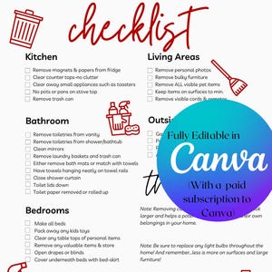 May include: A checklist titled "Photo Ready Checklist" with sections for kitchen, bathroom, living areas, bedrooms, and outdoor spaces. The checklist includes tips for preparing a home for photos, such as removing clutter and personal items. The Canva logo is also visible.